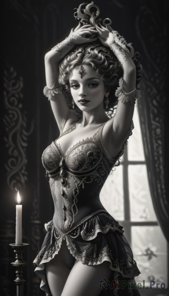 1girl,solo,breasts,looking at viewer,blush,smile,short hair,dress,cleavage,jewelry,medium breasts,standing,collarbone,monochrome,greyscale,cowboy shot,earrings,parted lips,artist name,indoors,armpits,blurry,arms up,lips,window,makeup,watermark,tiara,web address,armlet,spot color,curly hair,candle,candlestand,candlelight,gloves,frills,pussy,mole,no panties,blurry background,bottomless,facial mark,piercing,curtains,corset,realistic,forehead jewel,showgirl skirt