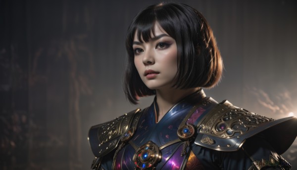 1girl,solo,looking at viewer,short hair,bangs,black hair,brown eyes,jewelry,closed mouth,upper body,armor,blurry,lips,eyelashes,makeup,blurry background,bob cut,shoulder armor,gem,portrait,pauldrons,realistic,nose,shoulder pads,grey background,black eyes,eyeshadow