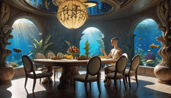 1girl,solo,short hair,brown hair,black hair,red eyes,dress,holding,bare shoulders,sitting,boots,food,sleeveless,indoors,dark skin,water,white dress,dark-skinned female,cup,fruit,sleeveless dress,chair,table,sunlight,plant,scenery,holding cup,plate,drinking glass,reflection,fish,bubble,light rays,underwater,glass,air bubble,wine glass,sunbeam,tile floor,wide shot,coral,tablecloth,aquarium,shirt,jewelry,white shirt,potted plant,light,bald,pineapple