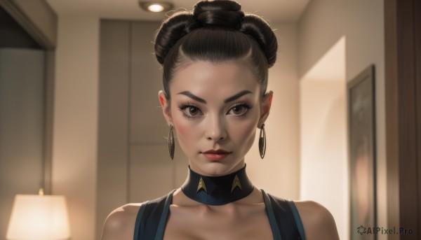 1girl,solo,looking at viewer,short hair,brown hair,black hair,dress,bare shoulders,brown eyes,jewelry,collarbone,earrings,choker,indoors,dark skin,hair bun,blurry,dark-skinned female,lips,double bun,makeup,blurry background,black choker,single hair bun,portrait,forehead,hoop earrings,realistic,nose,red lips,lamp,closed mouth,upper body,collar,eyelashes,eyeshadow