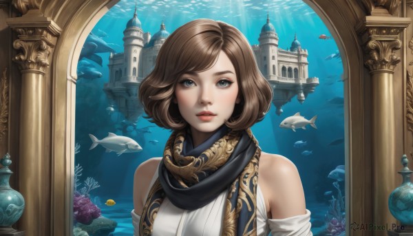 1girl,solo,looking at viewer,short hair,bangs,blue eyes,brown hair,bare shoulders,upper body,detached sleeves,water,scarf,lips,grey eyes,swept bangs,sunlight,fish,bubble,light rays,underwater,nose,fantasy,sunbeam,pillar,castle,statue,coral,aquarium,closed mouth,eyelashes,architecture,black scarf