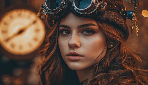 1girl,solo,long hair,looking at viewer,brown hair,hat,brown eyes,jewelry,earrings,parted lips,teeth,artist name,blurry,black eyes,lips,eyelashes,depth of field,blurry background,goggles,portrait,freckles,goggles on head,realistic,nose,clock,red lips,gears,goggles on headwear,steampunk,gloves,makeup,watermark,web address,close-up