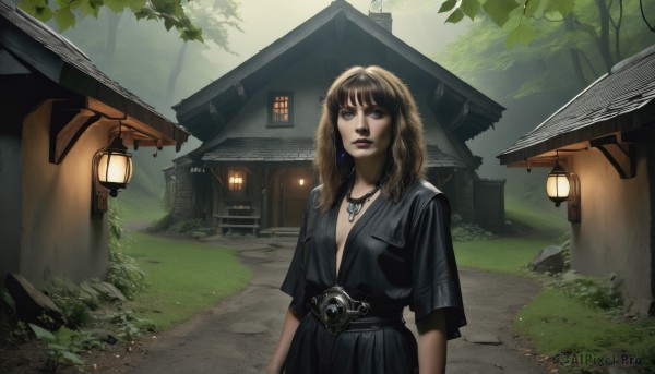 1girl,solo,long hair,breasts,looking at viewer,bangs,blue eyes,brown hair,dress,jewelry,closed mouth,standing,short sleeves,earrings,small breasts,outdoors,day,belt,necklace,black dress,tree,lips,no bra,sunlight,grass,plant,building,nature,scenery,forest,lantern,arms at sides,camera,bush,architecture,house,east asian architecture,brown eyes,realistic