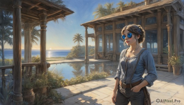 1girl,solo,breasts,looking at viewer,short hair,blue eyes,brown hair,shirt,long sleeves,cleavage,jewelry,medium breasts,standing,collarbone,braid,cowboy shot,earrings,outdoors,parted lips,sky,glasses,day,belt,pants,artist name,signature,water,necklace,bag,hair bun,dated,tree,blue sky,lips,looking to the side,eyelashes,window,makeup,buttons,shadow,ocean,looking away,beach,sunlight,single hair bun,sunglasses,blue shirt,plant,denim,lipstick,building,scenery,french braid,buckle,sleeves rolled up,hand in pocket,jeans,belt buckle,handbag,shoulder bag,nose,hands in pockets,round eyewear,palm tree,door,railing,red lips,potted plant,brown belt,road,bush,shade,looking afar,tinted eyewear,pillar,sleeves pushed up,strap between breasts,updo,yellow-framed eyewear,pavement,aviator sunglasses,blue-tinted eyewear,black hair,closed mouth,white shirt,flower,small breasts,cloud,black pants,suspenders,grass,reflection,horizon,sleeves past elbows,brown bag,flower pot