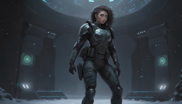 1girl,solo,long hair,looking at viewer,brown hair,black hair,gloves,brown eyes,standing,weapon,medium hair,armor,lips,gun,bodysuit,shoulder armor,science fiction,pouch,breastplate,holster,knee pads,shoulder pads,power armor,holstered weapon,breasts,medium breasts,parted lips,robot,snow,freckles,snowing,nose,arms at sides,thigh holster