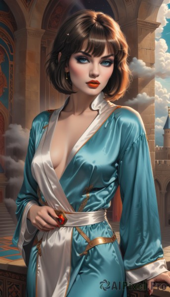 1girl,solo,breasts,looking at viewer,short hair,bangs,blue eyes,brown hair,long sleeves,dress,holding,cleavage,jewelry,medium breasts,standing,collarbone,cowboy shot,earrings,outdoors,parted lips,sky,day,shiny,belt,artist name,cloud,wide sleeves,nail polish,blue sky,lips,sash,no bra,makeup,blue dress,watermark,cloudy sky,lipstick,gem,breasts apart,red nails,robe,glint,red lips,eyeliner,pillar,mascara,red gemstone,closed mouth,indoors,mole,fingernails,bob cut,thick eyebrows,web address,plunging neckline