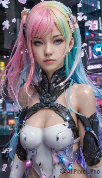 1girl,solo,long hair,breasts,looking at viewer,bangs,blue eyes,blonde hair,hair ornament,gloves,cleavage,bare shoulders,jewelry,medium breasts,blue hair,upper body,pink hair,flower,multicolored hair,earrings,parted lips,elbow gloves,shiny,blurry,two-tone hair,leotard,lips,petals,clothing cutout,aqua hair,bodysuit,gradient hair,makeup,blurry background,one side up,science fiction,realistic,artist name,wet,eyelashes,expressionless,rain,water drop,nose,cyberpunk