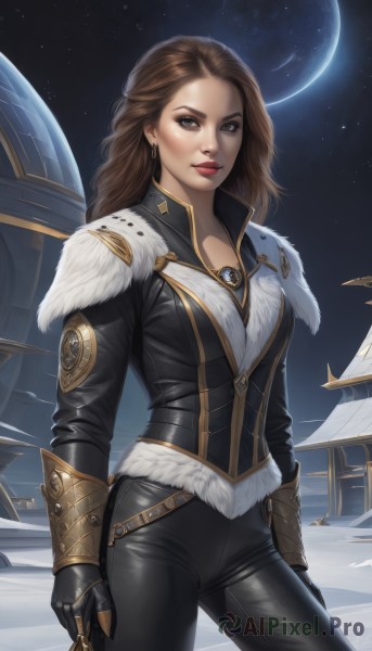 1girl,solo,long hair,breasts,looking at viewer,brown hair,gloves,long sleeves,cleavage,brown eyes,jewelry,medium breasts,closed mouth,standing,jacket,cowboy shot,earrings,sky,black gloves,pants,artist name,armor,lips,black jacket,fur trim,makeup,night,black pants,moon,lipstick,star (sky),night sky,starry sky,realistic,nose,arms at sides,red lips,leather,leather pants,necklace,space,planet