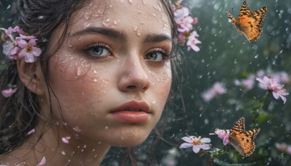 1girl, solo, long hair, looking at viewer, blue eyes, black hair, hair ornament, flower, parted lips, hair flower, blurry, lips, petals, eyelashes, bug, butterfly, portrait, close-up, rain, water drop, realistic, nose