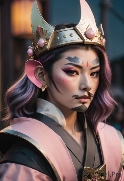 1girl,solo,long hair,looking at viewer,black hair,brown eyes,jewelry,closed mouth,upper body,earrings,artist name,medium hair,mole,blurry,black eyes,lips,eyelashes,makeup,blurry background,headgear,facial mark,chinese clothes,crown,gem,portrait,eyeshadow,freckles,forehead mark,realistic,headpiece,nose,red lips,mascara,korean clothes,hanbok,brown hair