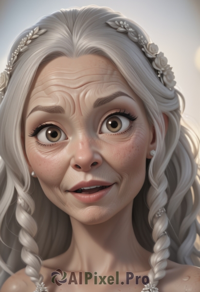 1girl,solo,long hair,looking at viewer,smile,open mouth,hair ornament,bare shoulders,brown eyes,jewelry,collarbone,braid,flower,grey hair,earrings,parted lips,teeth,hair flower,twin braids,lips,portrait,forehead,freckles,realistic,artist name,eyelashes,watermark,web address,nose