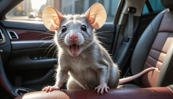 HQ,looking at viewer,open mouth,blue eyes,teeth,blurry,no humans,depth of field,blurry background,pov,animal,fangs,cat,ground vehicle,motor vehicle,realistic,car,animal focus,mouse,whiskers,car interior,steering wheel,solo,window,claws,white fur,driving,seat,seatbelt