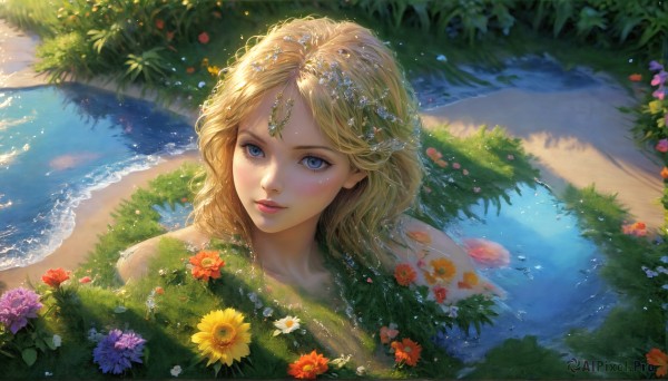 HQ,1girl,solo,long hair,looking at viewer,blue eyes,blonde hair,hair ornament,flower,nude,outdoors,parted lips,day,water,lips,beach,sunlight,plant,partially submerged,circlet,realistic,sunflower,mermaid,smile,jewelry,upper body,ocean,leaf,watermark,from above,grass,red flower,gem,portrait,pink lips,yellow flower,nose,purple flower,orange flower