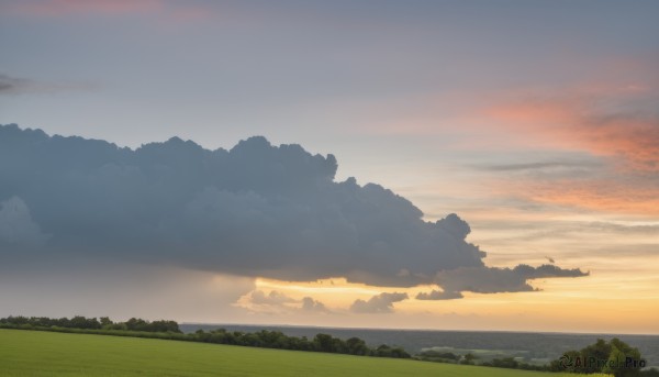 outdoors,sky,cloud,water,tree,blue sky,no humans,ocean,cloudy sky,grass,nature,scenery,forest,sunset,horizon,landscape,gradient sky,hill,day,field