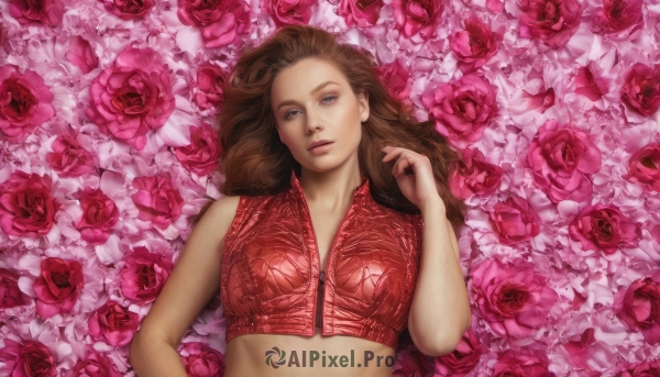 1girl,solo,long hair,breasts,looking at viewer,blue eyes,brown hair,brown eyes,medium breasts,upper body,flower,lying,parted lips,sleeveless,midriff,on back,lips,crop top,rose,from above,red flower,red shirt,pink flower,zipper,realistic,pink rose