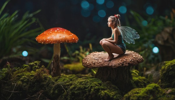 1girl,solo,short hair,hair ornament,bare shoulders,sitting,closed eyes,grey hair,outdoors,wings,shorts,barefoot,sleeveless,pointy ears,hair bun,blurry,from side,tree,bare arms,short shorts,bare legs,profile,night,depth of field,blurry background,squatting,single hair bun,tank top,grass,plant,nature,scenery,camisole,forest,blue shorts,minigirl,fairy wings,fairy,mushroom,wide shot,hands on own knees,moss,insect wings,tree stump,brown hair,shirt,black hair,ponytail,day,looking up,realistic,hand on own knee