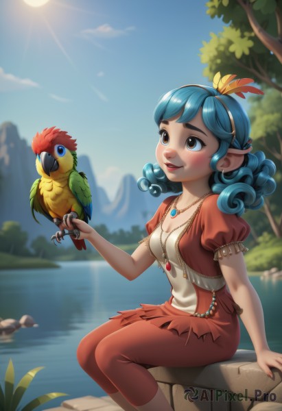 1girl,breasts,blush,smile,blue eyes,skirt,shirt,hair ornament,dress,cleavage,brown eyes,jewelry,medium breasts,sitting,blue hair,short sleeves,hairband,small breasts,outdoors,parted lips,open clothes,sky,day,pointy ears,puffy sleeves,cloud,water,necklace,looking at another,tree,blue sky,puffy short sleeves,lips,aqua hair,bird,animal,watermark,thick eyebrows,feathers,pendant,freckles,curly hair,sun,feather hair ornament,soaking feet,lake,beak,bird on hand,solo,long hair,artist name,blurry,sunlight,rock