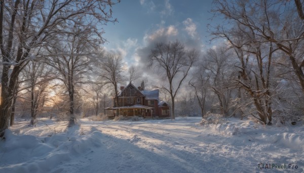 outdoors,sky,day,cloud,tree,blue sky,no humans,window,sunlight,cloudy sky,building,nature,scenery,snow,forest,snowing,mountain,fence,road,architecture,house,winter,bare tree