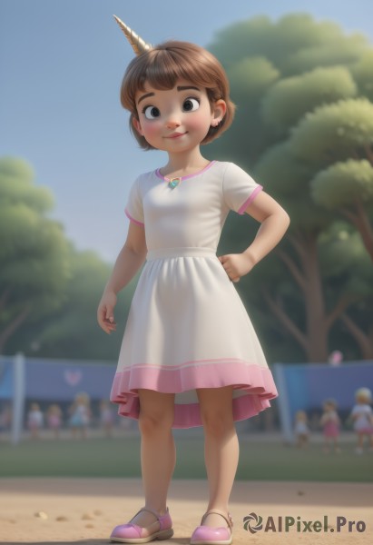 1girl,solo,breasts,looking at viewer,blush,smile,short hair,bangs,brown hair,dress,brown eyes,jewelry,closed mouth,standing,full body,short sleeves,earrings,small breasts,outdoors,horns,sky,shoes,solo focus,day,white dress,blurry,black eyes,tree,see-through,hand on hip,loli,blurry background,sandals,child,single horn,pink footwear,female child,multiple girls,necklace,people