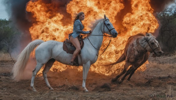 1girl,solo,long hair,brown hair,1boy,weapon,male focus,outdoors,barefoot,pointy ears,from side,tree,profile,bottomless,animal,parody,fire,nature,forest,riding,explosion,horse,horseback riding,reins,saddle,breasts,gloves,long sleeves,holding,medium breasts,jacket,boots,medium hair,black footwear,brown footwear,blue jacket,smoke,wide shot