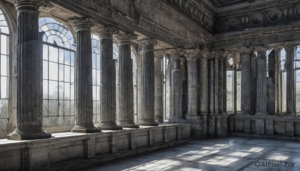 outdoors,sky,day,cloud,indoors,blue sky,no humans,window,shadow,sunlight,scenery,architecture,ruins,pillar,church,arch,column,plant,wall