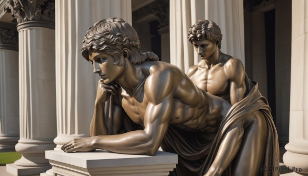 long hair,smile,1boy,jewelry,closed mouth,nipples,collarbone,grey hair,male focus,nude,earrings,multiple boys,shiny,indoors,2boys,muscular,parody,abs,pectorals,muscular male,realistic,manly,pillar,statue,fine art parody,laurel crown,column,solo,short hair,arm support,large pectorals,topless male,hand on own chin,bare pectorals