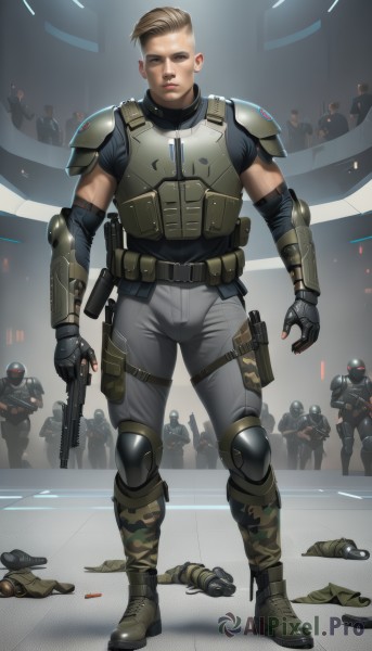 looking at viewer,short hair,blonde hair,brown hair,shirt,gloves,1boy,holding,brown eyes,standing,full body,weapon,male focus,boots,multiple boys,solo focus,black gloves,belt,pants,fingerless gloves,holding weapon,armor,vest,lips,gun,military,black shirt,muscular,glowing,knife,muscular male,shoulder armor,holding gun,rifle,handgun,science fiction,6+boys,pouch,serious,realistic,holster,knee pads,very short hair,grey pants,shoulder pads,camouflage,thigh holster,elbow pads,soldier,combat boots,bulletproof vest,body armor,solo,closed mouth,parted lips,helmet,holstered weapon