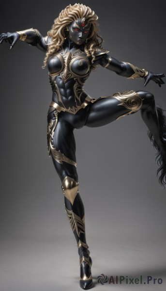 1girl,solo,long hair,breasts,looking at viewer,blonde hair,red eyes,navel,medium breasts,nipples,standing,full body,thighs,parted lips,dark skin,grey background,armor,dark-skinned female,gradient,gradient background,bodysuit,muscular,glowing,colored skin,abs,leg up,standing on one leg,outstretched arms,monster girl,glowing eyes,toned,gold trim,spread arms,grey skin,forehead jewel,black skin,black lips,hooves,jewelry,earrings,makeup,lipstick,curly hair,fighting stance