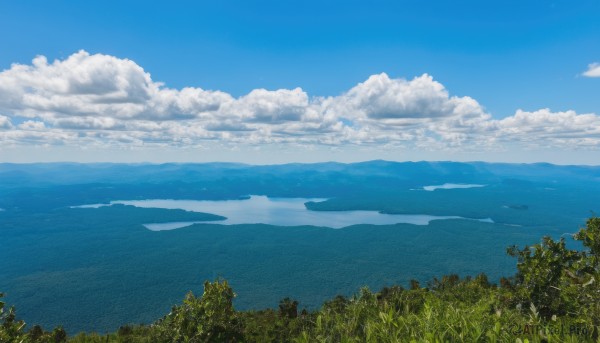 outdoors,sky,day,cloud,water,tree,blue sky,no humans,ocean,cloudy sky,grass,plant,nature,scenery,forest,mountain,horizon,summer,landscape,hill,signature,lake,island