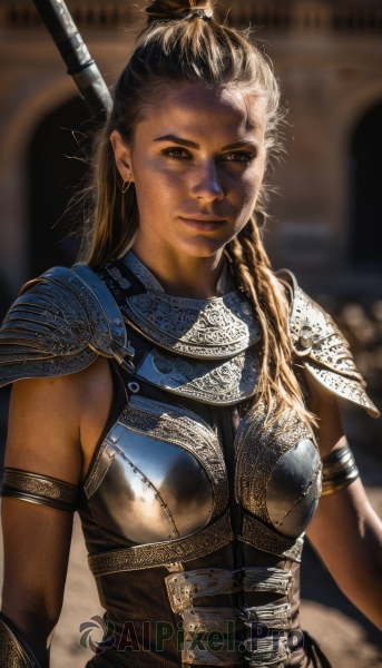 1girl,solo,long hair,breasts,looking at viewer,blonde hair,brown hair,brown eyes,jewelry,closed mouth,upper body,weapon,braid,earrings,sword,dark skin,armor,blurry,dark-skinned female,lips,blurry background,shoulder armor,pauldrons,breastplate,realistic,black hair,polearm,armlet,freckles,spear