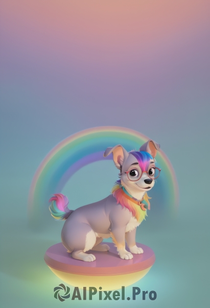 solo,looking at viewer,smile,simple background,jewelry,tail,full body,purple hair,multicolored hair,glasses,black eyes,collar,gradient,gradient background,no humans,animal,personification,animal focus,rainbow,animalization,colorful,rainbow gradient,rainbow hair,open mouth,hat,sitting,closed mouth,green eyes,blue hair,standing,teeth,artist name,watermark,semi-rimless eyewear,web address,red-framed eyewear,green background,under-rim eyewear,dog,pink-framed eyewear,clothed animal