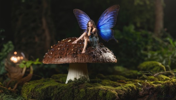 1girl,solo,long hair,brown hair,black hair,dress,bare shoulders,sitting,outdoors,wings,barefoot,blurry,tree,bare legs,depth of field,sunlight,grass,bug,nature,forest,minigirl,light rays,antennae,fairy,mushroom,butterfly wings,moss,breasts,jewelry,butterfly,scenery,tree stump,log