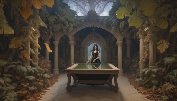 1girl,solo,long hair,breasts,looking at viewer,black hair,dress,bare shoulders,sitting,outdoors,sleeveless,black dress,tree,leaf,table,plant,instrument,nature,scenery,forest,pillar,piano,medium breasts,closed eyes,sleeveless dress,music,autumn leaves,wide shot,playing instrument