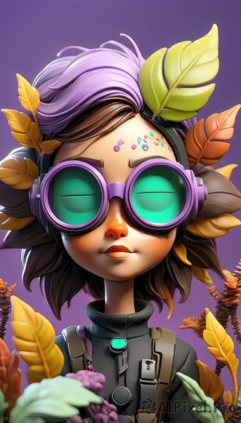 1girl,solo,looking at viewer,short hair,brown hair,hair ornament,closed mouth,green eyes,upper body,purple hair,flower,multicolored hair,artist name,two-tone hair,lips,gradient,gradient background,makeup,turtleneck,headphones,leaf,watermark,facial mark,plant,goggles,portrait,zipper,freckles,purple background,forehead mark,strap,tinted eyewear,black hair,facing viewer,leaf on head,cyberpunk