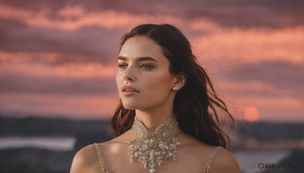 1girl,solo,long hair,brown hair,black hair,bare shoulders,brown eyes,jewelry,upper body,earrings,outdoors,parted lips,sky,choker,cloud,blurry,lips,depth of field,blurry background,looking away,portrait,freckles,sunset,realistic,nose,dress,collarbone,necklace,cloudy sky