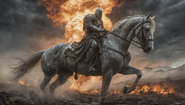 solo,gloves,1boy,weapon,male focus,boots,outdoors,sky,cloud,cape,armor,animal,helmet,fire,shoulder armor,gauntlets,1other,smoke,riding,greaves,horse,knight,full armor,ambiguous gender,horseback riding,burning,reins,saddle,holding,sword,holding weapon,holding sword,pauldrons,breastplate