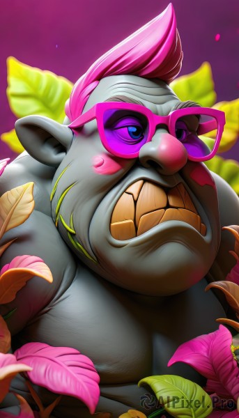 solo,looking at viewer,smile,short hair,blue eyes,1boy,upper body,pink hair,flower,male focus,multicolored hair,glasses,teeth,pointy ears,artist name,grin,blurry,colored skin,leaf,sunglasses,clenched teeth,purple background,tinted eyewear,fat,fat man,petals,blurry background,pink background,plant,furry,pink flower,furry male,multicolored background,pink skin,mohawk