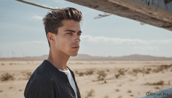 solo,short hair,blue eyes,brown hair,shirt,black hair,1boy,jacket,white shirt,upper body,male focus,outdoors,sky,day,blurry,black jacket,blurry background,facial hair,realistic,stubble,animification,photo background,desert,jewelry,closed mouth,earrings,open clothes,from side,blue sky,looking to the side,black shirt,portrait,undercut