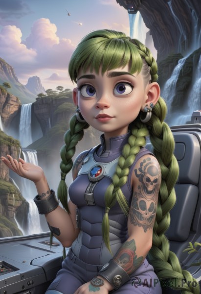 1girl,solo,long hair,breasts,looking at viewer,smile,bangs,blue eyes,bare shoulders,jewelry,sitting,very long hair,closed mouth,braid,earrings,small breasts,outdoors,green hair,sky,sleeveless,day,artist name,cloud,signature,water,twin braids,bracelet,lips,eyelashes,bodysuit,tattoo,bird,piercing,thick eyebrows,cloudy sky,wristband,zipper,freckles,watch,mountain,nose,wristwatch,arm tattoo,shoulder tattoo,waterfall,multicolored hair,two-tone hair,science fiction,overalls