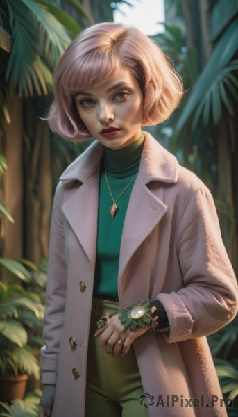 1girl,solo,looking at viewer,short hair,bangs,brown hair,shirt,long sleeves,brown eyes,jewelry,closed mouth,standing,cowboy shot,outdoors,parted lips,open clothes,belt,pants,artist name,necklace,blurry,sweater,tree,lips,coat,makeup,blurry background,turtleneck,bob cut,ring,plant,lipstick,pendant,arm at side,watch,open coat,turtleneck sweater,realistic,nose,green shirt,white coat,red lips,wristwatch,brown coat,green pants,pink hair,gem,high-waist pants