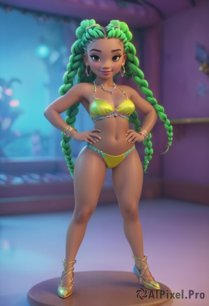 1girl,solo,long hair,breasts,looking at viewer,smile,navel,cleavage,bare shoulders,jewelry,medium breasts,very long hair,green eyes,standing,collarbone,swimsuit,full body,braid,bikini,earrings,small breasts,green hair,shoes,artist name,dark skin,necklace,nail polish,blurry,black eyes,high heels,twin braids,bracelet,dark-skinned female,lips,makeup,blurry background,cameltoe,watermark,forehead,hands on hips,hoop earrings,bangle,yellow bikini,navel piercing,green footwear,pearl necklace,multiple braids,twintails,closed mouth,multicolored hair,indoors,two-tone hair,ass visible through thighs,facial mark,legs apart,contrapposto,mole on breast,pink lips,anklet,yellow footwear,nose piercing