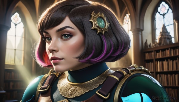 1girl,solo,smile,short hair,bangs,blue eyes,black hair,hair ornament,green eyes,upper body,pink hair,purple hair,flower,multicolored hair,parted lips,artist name,indoors,armor,two-tone hair,lips,streaked hair,looking to the side,book,eyelashes,window,makeup,sunlight,bob cut,lipstick,shoulder armor,gem,portrait,light rays,nose,bookshelf,library,stained glass,church,blush,closed mouth,swept bangs,realistic,gorget