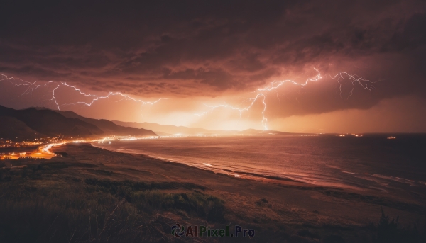 outdoors,sky,cloud,water,no humans,ocean,beach,cloudy sky,grass,scenery,sunset,mountain,sun,horizon,electricity,river,lightning,landscape,mountainous horizon,shore,hill,night,nature,dark