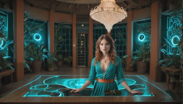 1girl,solo,long hair,breasts,looking at viewer,smile,brown hair,dress,cleavage,brown eyes,jewelry,medium breasts,standing,collarbone,belt,indoors,necklace,lips,sash,window,blue dress,glowing,wavy hair,table,plant,pendant,fantasy,potted plant,magic circle,holographic interface,parted lips,phone,scenery,green dress,wooden floor,nose,orb,aqua dress