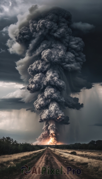 solo,outdoors,sky,cloud,tree,no humans,cloudy sky,fire,nature,scenery,forest,smoke,monster,mountain,giant,landscape,weapon,grass,1other,field