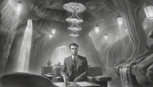 solo,short hair,shirt,gloves,long sleeves,1boy,sitting,closed mouth,jacket,monochrome,greyscale,male focus,necktie,collared shirt,indoors,water,vest,tree,chair,formal,table,suit,plant,nature,scenery,couch,lantern,paper,lamp,mushroom,waterfall,fountain,inkwell,cup,book,open book,pen,light