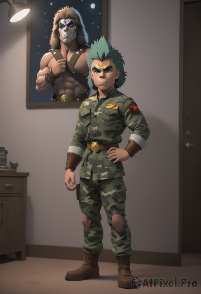 looking at viewer,short hair,brown hair,1boy,closed mouth,standing,jacket,full body,male focus,boots,green hair,multiple boys,belt,pants,indoors,2boys,uniform,hand on hip,torn clothes,military,military uniform,mask,muscular,frown,brown footwear,abs,thick eyebrows,pectorals,muscular male,bara,lamp,camouflage,harness,poster (object),chest harness,camouflage jacket,camouflage pants,blue eyes,night,spiked hair,wristband,facepaint