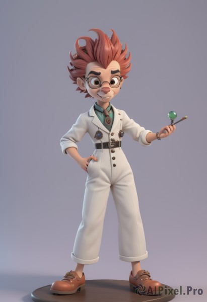 solo,looking at viewer,smile,short hair,simple background,brown hair,shirt,1boy,holding,brown eyes,standing,full body,male focus,red hair,food,necktie,shoes,glasses,belt,pants,hand on hip,facial hair,brown footwear,thick eyebrows,spiked hair,white pants,green shirt,male child,teeth,grin,candy,hand in pocket,lollipop,labcoat