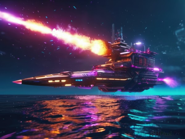 sky,signature,military,no humans,night,ocean,star (sky),flying,science fiction,turret,realistic,military vehicle,space,watercraft,explosion,vehicle focus,ship,firing,spacecraft,lights,warship,thrusters,water,glowing,scenery,starry sky,cannon,energy,radio antenna