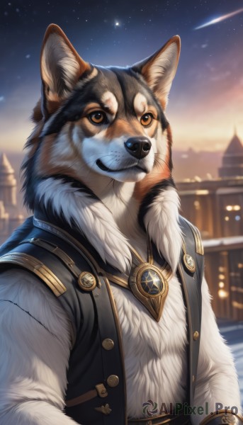 solo,smile,1boy,brown eyes,jewelry,closed mouth,jacket,upper body,male focus,outdoors,open clothes,sky,belt,artist name,signature,blurry,vest,no humans,night,blurry background,animal,scar,looking up,building,star (sky),night sky,furry,starry sky,dog,furry male,body fur,animal focus,white fur,animal nose,shooting star,black fur,grey fur,looking at viewer,necklace,black jacket,fur trim,watermark,realistic